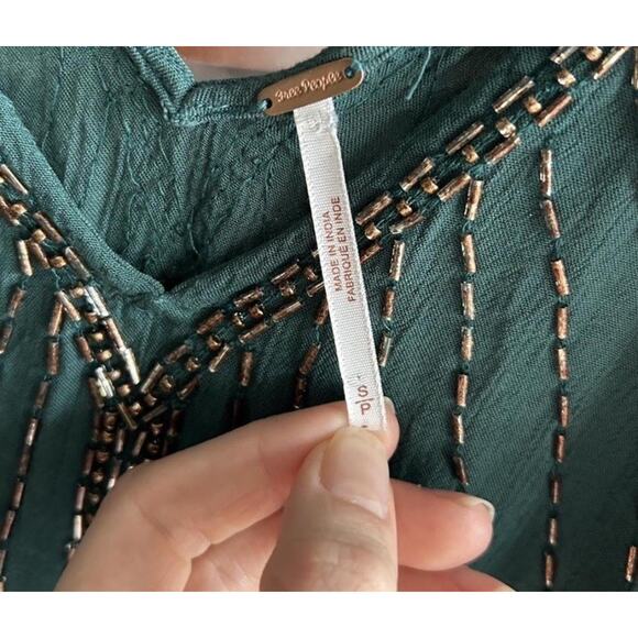 Free People Emerald Green Women’s Beaded V-neck Tank Top Size S Boho Glam - Picture 4 of 6